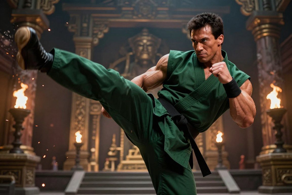 A vibrant, eye-catching digital artwork featuring a cinematic scene inspired by "Mortal Kombat II." In the foreground, showcase iconic characters from the game in a dramatic fight pose, dressed in colorful, detailed costumes that emphasize their unique powers. In the middle ground, include a stylized, dynamic streaming interface showcasing a "Watch Now for Free" button, surrounded by digital elements like glowing lines and circuit patterns to evoke a high-tech atmosphere. The background should depict an immersive virtual arena reminiscent of the game's settings, with atmospheric lighting that casts dramatic shadows, creating an intense and exciting mood. The color scheme should blend dark, rich tones with vibrant accents, highlighting the thrilling nature of online streaming options. Use a wide-angle perspective to enhance the epic feel of the scene. Cena de ação de Johnny Cage executando um chute de artes marciais em uma arena mística de templo antigo iluminada por tochas e faíscas, ilustrando os combates do filme Mortal Kombat 2.