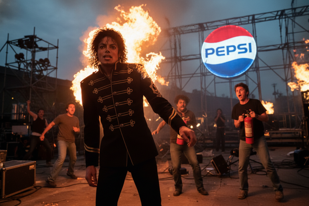 O que aconteceu com o cabelo de Michael Jackson? Saiba aqui. 1 A dynamic scene capturing the moment of the Pepsi commercial accident involving Michael Jackson. In the foreground, Michael Jackson is depicted in attire reminiscent of his iconic style—complete with a military-inspired jacket and signature hairstyle—while flames engulf parts of the set. The middle ground details crew members and equipment in a chaotic state, showcasing panic and urgency. The background features the vibrant Pepsi logo and a partially burned set, signifying the commercial theme. The lighting is dramatic, with bright, flickering flames contrasting against the darkening backdrop, creating a tense atmosphere. The angle is slightly tilted to enhance the sense of turmoil, giving viewers an immersive experience of the event. The overall mood conveys shock and urgency without any text or additional elements.