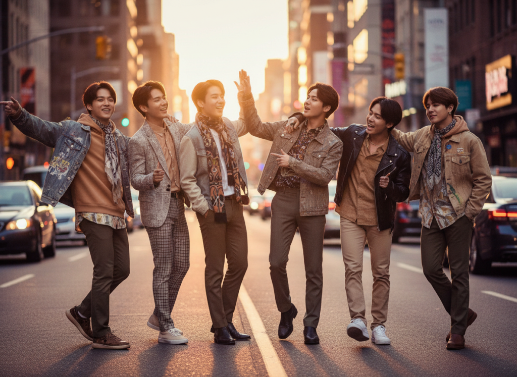 Quem é o líder do BTS? 1 A vibrant and dynamic scene featuring seven young men representing the members of BTS, styled in modern, fashionable clothing that reflects their unique personalities. The foreground showcases the group's diverse expressions and poses, exuding energy and camaraderie. The middle ground highlights their interactions, with gestures suggesting friendship and unity, while their individual styles contribute to the overall visual appeal. In the background, a softly blurred urban street adds context, evoking a contemporary city vibe. The image is illuminated by warm, golden hour lighting that casts gentle shadows, creating a welcoming atmosphere. Capture the essence of K-pop and the powerful connection between the members, focusing on positivity and creativity.