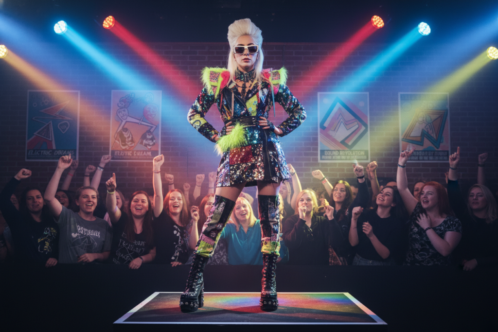 A young female artist in a vibrant, eclectic outfit standing confidently on a small stage, illuminated by colorful spotlights. She has striking platinum blonde hair styled in an avant-garde manner, reminiscent of Lady Gaga’s early career. The background features enthusiastic fans and retro-style concert posters that hint at her artistic evolution. The lighting is bright and dynamic, casting a festive atmosphere that captures the excitement of a live performance. The lens perspective is slightly low, giving her a powerful, larger-than-life presence against the backdrop of a cozy venue. The mood is energetic and hopeful, showcasing the beginnings of an iconic music journey without any text or distractions.