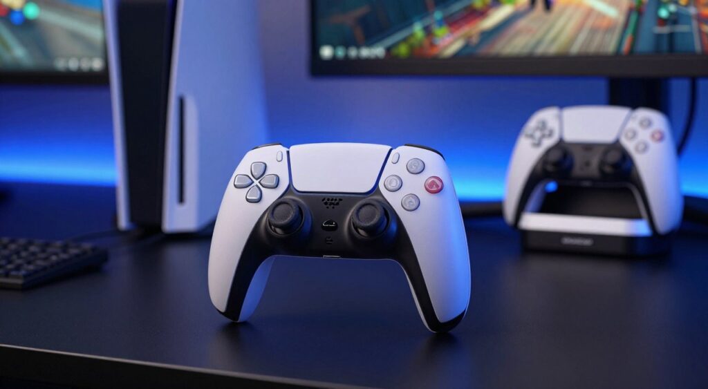 A close-up view of a PlayStation 5 DualSense controller on a modern gaming setup. The controller is positioned on a sleek black gaming desk, showcasing its elegant design and vibrant colors. In the background, soft blue ambient lighting creates a tech-savvy atmosphere, while a gaming monitor displays a paused game scene. To the side, a stylish charging dock for the controller is visible, hinting at battery-saving tips. Light reflects gently off the smooth surfaces, enhancing the futuristic vibe. The focus should capture the intricate details of the controller’s buttons and grips, emphasizing its ergonomic design and functionality, conveying a sense of professionalism and avid gaming culture.Economizar Bateria do DualSense no PS5.