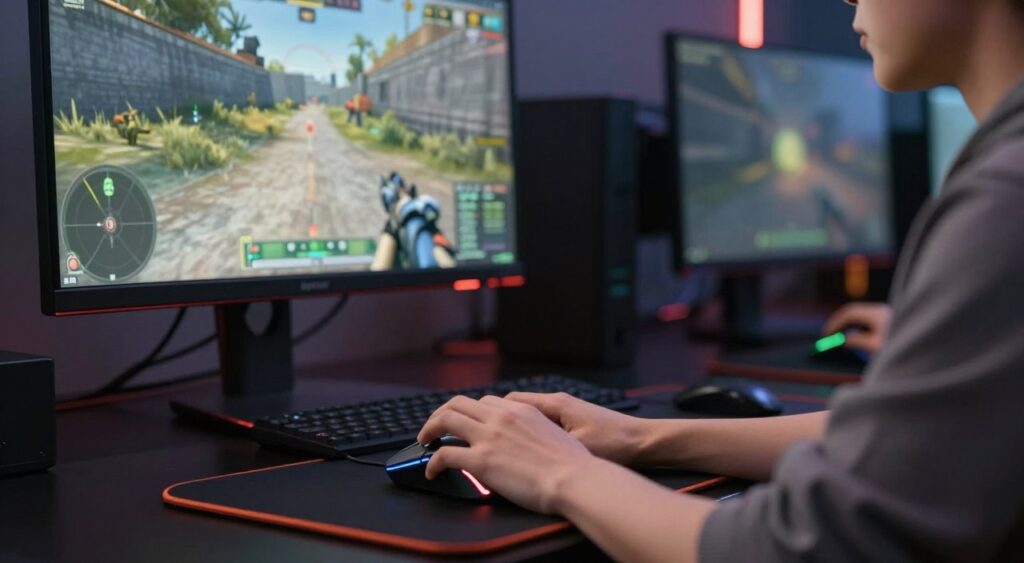 A focused close-up of a professional gamer adjusting their mouse sensitivity settings for a first-person shooter game. The foreground features a sleek gaming mouse, with RGB lighting illuminating the hand of the player, who is dressed in a casual yet stylish gaming outfit. In the middle, a high-resolution monitor displays a detailed FPS game scene, showcasing crosshair adjustments and various targets. The background is slightly blurred, depicting a modern gaming setup with ambient lighting that enhances the atmosphere. The scene conveys a sense of concentration and determination, emphasizing the techniques used to improve precision in aiming. Soft, dynamic lighting casts subtle highlights, creating a captivating mood, perfect for illustrating the concept of fine-tuning aiming skills in shooting games.Melhor Sensibilidade para Jogos de Tiro
