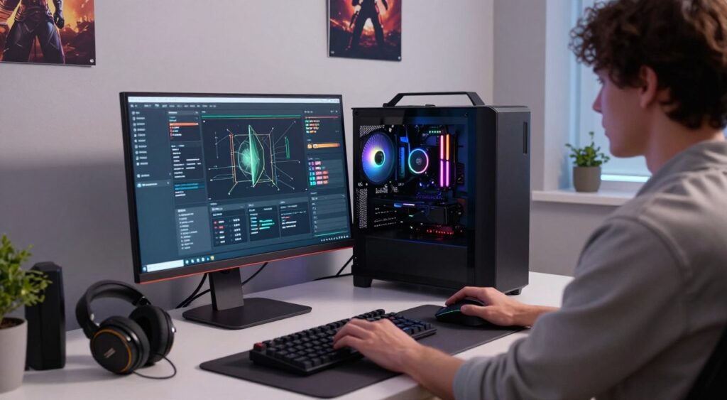 A focused workspace featuring a sleek gaming PC, illuminated with RGB lights, positioned prominently on a modern desk. In the foreground, a person wearing casual yet professional attire is intently adjusting the settings on a high-resolution monitor displaying performance optimization software. The middle ground showcases gaming peripherals like a mechanical keyboard, a precision mouse, and headphones, emphasizing the gaming setup. The background depicts a clean, organized room with subtle decor that enhances the tech aesthetic, such as posters of popular games and strategic lighting. Soft, ambient lighting sets a focused atmosphere, suggesting readiness and efficiency. The angle captures depth, highlighting the dedication to optimizing the gaming experience.Lag em Jogos Online.