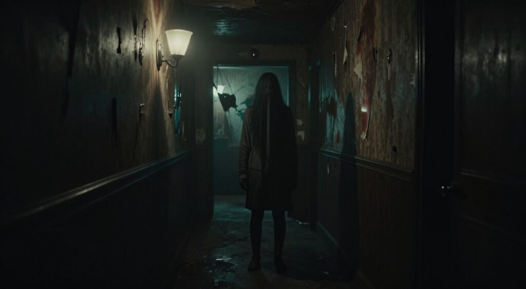 A haunting scene depicting a dimly lit indie psychological horror game environment. In the foreground, a dark, narrow corridor with peeling wallpaper and flickering lights creates a sense of unease. Shadows loom, suggesting unseen horrors. In the middle ground, a ghostly figure stands ominously, partially obscured by darkness, wearing modest clothing, embodying both mystery and fear. The backdrop features distorted and unsettling imagery, like fragmented mirrors and abstract shapes, enhancing the eerie atmosphere. The lighting is low and atmospheric, casting long shadows and creating a chilling interplay of light and dark. The lens should focus tightly on the foreground to amplify tension, inviting viewers into a chilling, immersive experience of psychological dread.Melhores Jogos de Terror no PS5