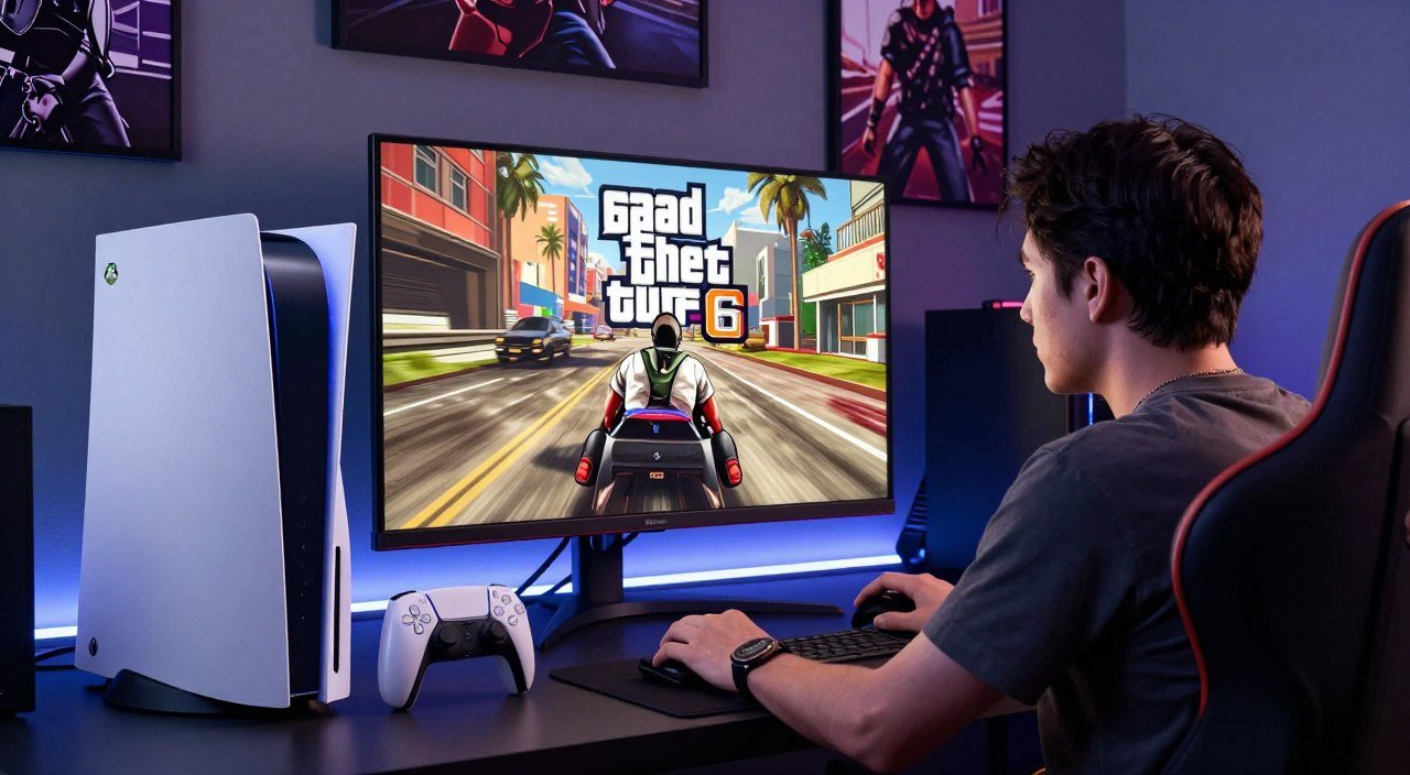 A high-tech gaming setup featuring an ultra-modern gaming console, with a sleek PlayStation 5 and an Xbox Series X prominently displayed. In the foreground, a gamer, dressed in casual yet professional attire, is intensely focused on a large, high-definition screen showing a vibrant, dynamic scene from GTA 6 with smooth graphics indicative of 60 frames per second. The lighting is dramatic, highlighting the screen and creating a sense of immersion, while subtle ambient lighting from LED strips adds a futuristic touch to the room. The background features gaming posters and a stylish gaming chair, enhancing the atmosphere of excitement and technological advancement. The angle should convey depth, emphasizing the player's engagement with the game. Setup gamer moderno com iluminação azul destacando um console PS5 e um jovem focado jogando GTA 6 em um monitor de alta definição. A cena ilustra a análise de performance gráfica para descobrir se o jogo vai rodar a 60 FPS nos consoles de nova geração.