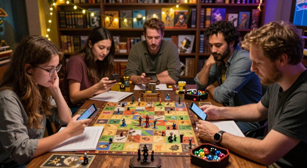 A mystical RPG setting featuring a group of diverse characters engaged in an intense gaming session around a richly detailed tabletop. In the foreground, two players, a young woman with glasses and a smartphone, and a middle-aged man with a dice tray, focus on their character sheets. The middle ground showcases an intricately crafted game board with miniatures and colorful player tokens, illuminated by warm, ambient fairy lights strung above. In the background, shelves filled with RPG books and fantasy artwork create an inviting atmosphere. The lighting is soft yet vibrant, casting gentle highlights on the players' faces, enhancing the mood of excitement and camaraderie. The composition captures a moment of concentration, illustrating a sense of progress and teamwork in the RPG experience .Evoluir Rápido em Jogos de RPG.