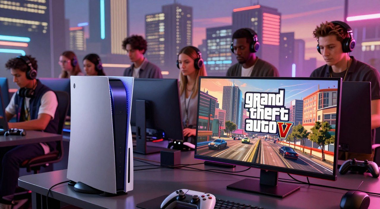 An impressive scene capturing the technical challenge of Grand Theft Auto VI graphics on current consoles. In the foreground, a sleek futuristic gaming console and a high-end gaming monitor displaying a vivid, hyper-realistic cityscape from GTA 6, showcasing intricate details such as realistic reflections and dynamic lighting. The middle ground features a group of diverse gamers, dressed in professional casual attire, intensely focused on the game. They are surrounded by gaming accessories like headsets and controllers. The background illustrates a digitally rendered urban skyline, infused with vibrant neon lights and bustling activity, all under a twilight sky that casts dynamic shadows. The mood is one of excitement and anticipation, emphasized by soft lighting and a slight lens flare effect to evoke a sense of innovation and cutting-edge technology. Cena de um grupo de jogadores testando os gráficos de Grand Theft Auto ao lado de um console PlayStation 5. O monitor destaca uma metrópole hiper-realista, ilustrando o debate técnico sobre a capacidade do GTA 6 rodar a 60 FPS na nova geração.