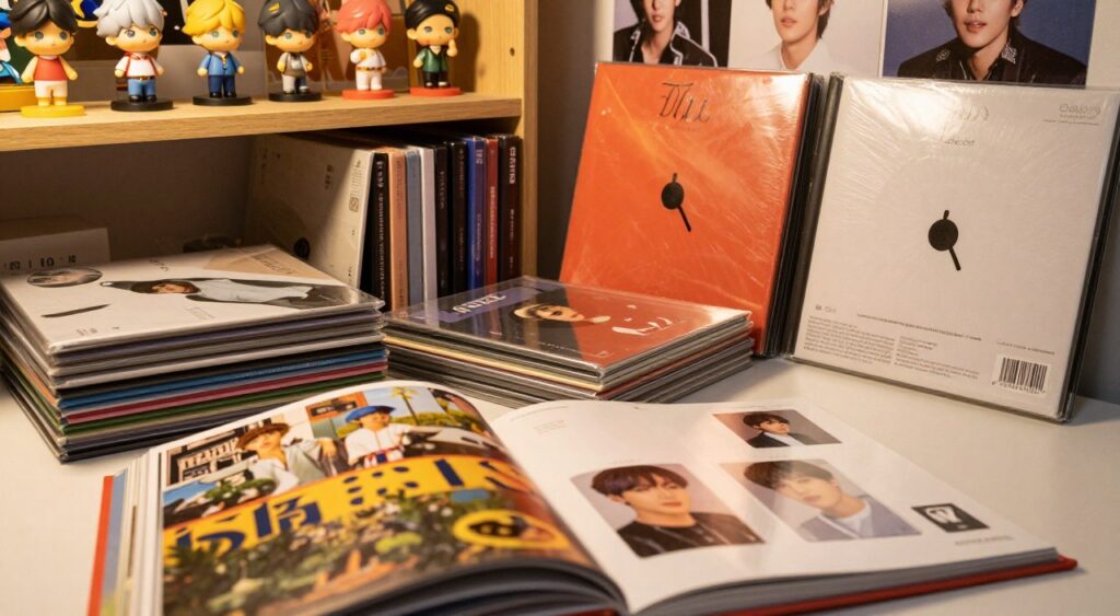 A beautifully arranged display of BTS albums, showcasing their vibrant covers and unique designs. In the foreground, an open album reveals intricate artwork and collectible cards, with soft, warm lighting casting gentle shadows that enhance the details. The middle ground features several other albums neatly stacked, reflecting a sense of organization and care. In the background, a cozy shelf adorned with BTS memorabilia, such as figurines and posters, adds a personal touch. The atmosphere is inviting and nostalgic, evoking the passion of collecting. Use a macro lens to capture the intricate details and textures, with a focus on the rich colors of the album covers. The overall mood is cheerful and inspiring, perfect for BTS fans dedicated to preserving their collection's value. A beautifully arranged display of BTS albums, showcasing their vibrant covers and unique designs. In the foreground, an open album reveals intricate artwork and collectible cards, with soft, warm lighting casting gentle shadows that enhance the details. The middle ground features several other albums neatly stacked, reflecting a sense of organization and care. In the background, a cozy shelf adorned with BTS memorabilia, such as figurines and posters, adds a personal touch. The atmosphere is inviting and nostalgic, evoking the passion of collecting. Use a macro lens to capture the intricate details and textures, with a focus on the rich colors of the album covers. The overall mood is cheerful and inspiring, perfect for BTS fans dedicated to preserving their collection's value Como colecionar álbuns do BTS