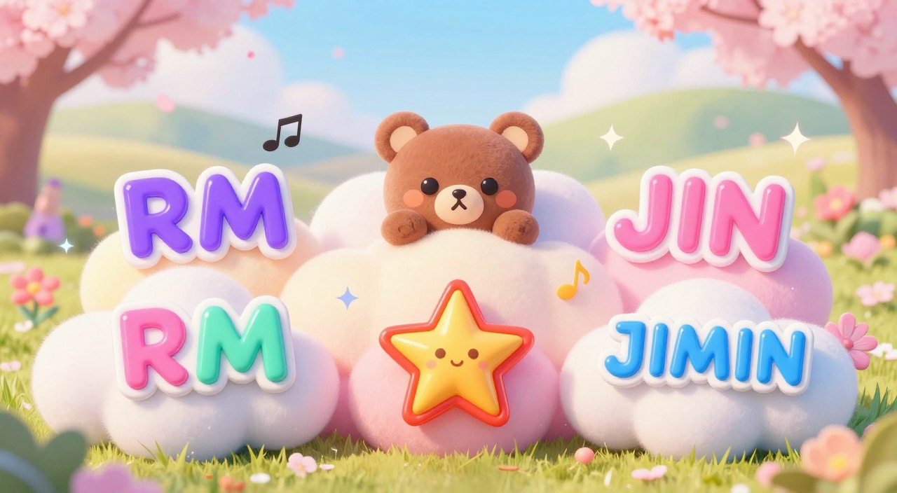 A colorful and vibrant illustration featuring the unique nicknames of BTS members, creatively arranged in a whimsical design. The foreground showcases stylized name tags representing each member, adorned with elements symbolizing their personas—like music notes for RM, a playful bear for Jin, and a fiery star for Jimin. In the middle, soft pastel-colored clouds gently cradle the names, while faint sparkles enhance the atmosphere of admiration and fandom. The background depicts a serene, dream-like landscape with hills and cherry blossoms softly blurred, inviting a sense of nostalgia and joy. The lighting is warm and inviting, creating a cozy, celebratory mood. The overall composition should evoke a sense of connection to BTS's music and the affection fans have for the members. A colorful and vibrant illustration featuring the unique nicknames of BTS members, creatively arranged in a whimsical design. The foreground showcases stylized name tags representing each member, adorned with elements symbolizing their personas—like music notes for RM, a playful bear for Jin, and a fiery star for Jimin. In the middle, soft pastel-colored clouds gently cradle the names, while faint sparkles enhance the atmosphere of admiration and fandom. The background depicts a serene, dream-like landscape with hills and cherry blossoms softly blurred, inviting a sense of nostalgia and joy. The lighting is warm and inviting, creating a cozy, celebratory mood. The overall composition should evoke a sense of connection to BTS's music and the affection fans have for the members.