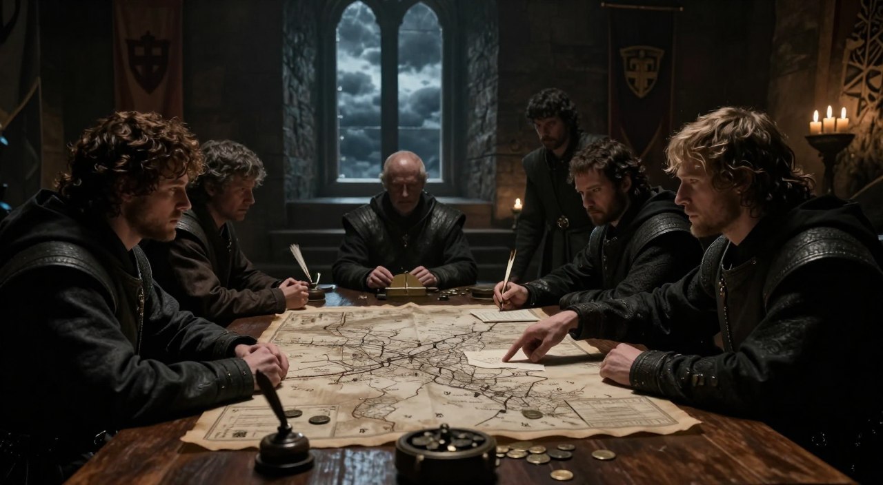 A complex and intricate scene depicting the political maneuvers within the world of Westeros. In the foreground, a large wooden table covered with parchment maps, quills, and scattered coins suggests strategic planning. Silhouetted figures dressed in medieval attire engage in intense discussion, their expressions conveying secrecy and tension, while one points at a specific set of notes. The middle ground features a dimly lit room showcasing stone walls adorned with banners of various houses. In the background, a large window reveals a dark, stormy sky, enhancing the atmosphere of intrigue and conspiracy. The lighting is soft and moody, suggesting candlelight casting flickering shadows. Capture the essence of suspense, strategy, and the heavy weight of betrayal lurking in the air, all while maintaining a historical authenticity to the setting.