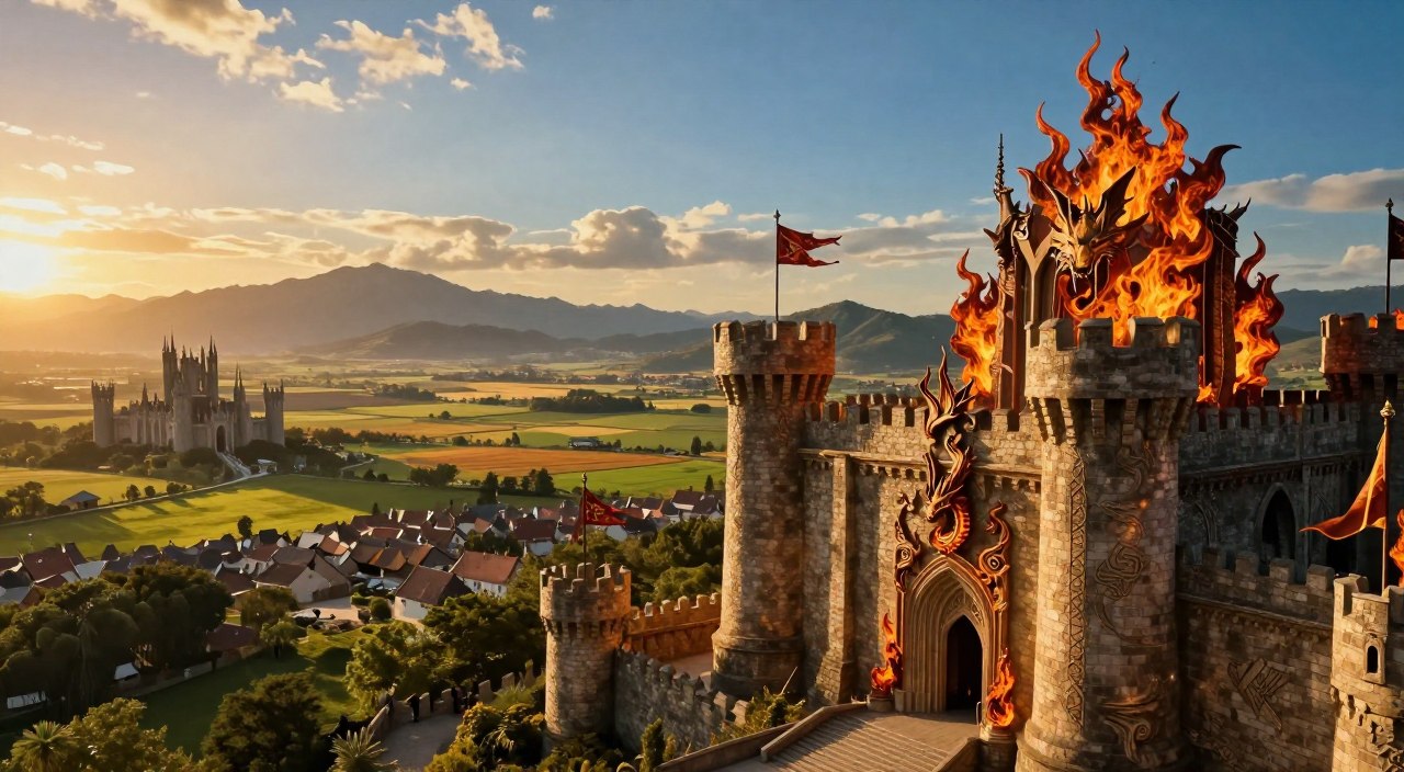 A detailed historical scene depicting "A Casa do Dragão" (House of the Dragon) in the second century of the Game of Thrones universe. In the foreground, a majestic Targaryen castle with flame-shaped architecture and dragon motifs, intricate stone patterns, and banners fluttering in the wind. In the middle, a lush, vibrant landscape with sprawling fields and a clear blue sky, dotted with small villages and castles. In the background, a distant mountain range under dramatic sunset lighting, casting warm golden hues over the entire scene. The atmosphere is dynamic, evoking a sense of timeless legacy and power, emphasizing the rich history of the Targaryen lineage without any human figures, creating a mystical, enchanting vibe ,Ordem Cronológica de Game of Thrones