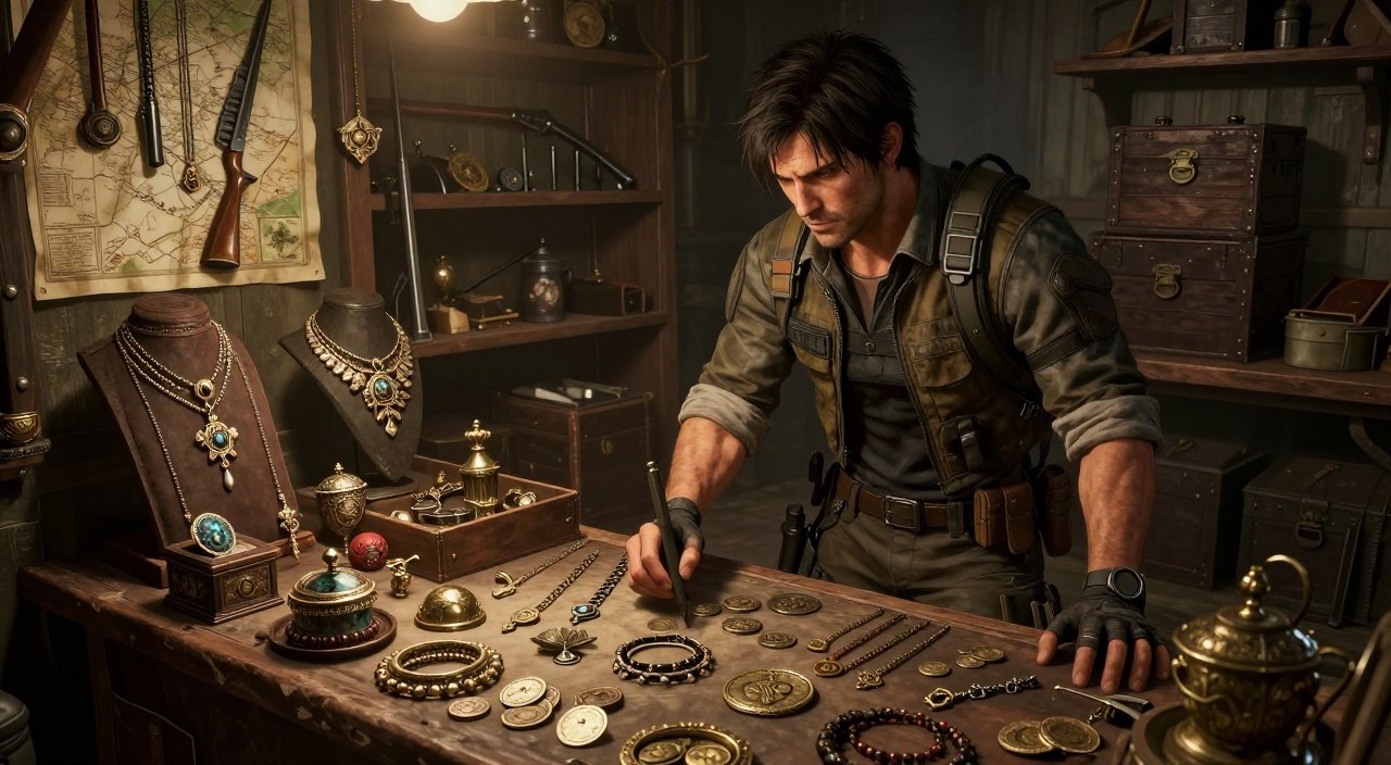A detailed illustration capturing the essence of "Resident Evil 4 Remake," focusing on the theme of pesetas economy and treasure selling. In the foreground, a well-organized merchant's table loaded with various treasures such as intricate jewelry, old coins, and artifacts, all displayed prominently under soft, warm lighting. The middle ground showcases a character reminiscent of Leon S. Kennedy, dressed in tactical attire, examining the treasures with a serious expression. In the background, a dimly lit merchant’s store, lined with shelves containing weapons, maps, and dark wooden crates, creates an immersive atmosphere. The overall mood is tense yet strategic, hinting at the importance of wise economic choices in the game. Capture the detailed textures of the treasures and the character’s focused stance from a slightly upward angle, enhancing the dramatic effect.