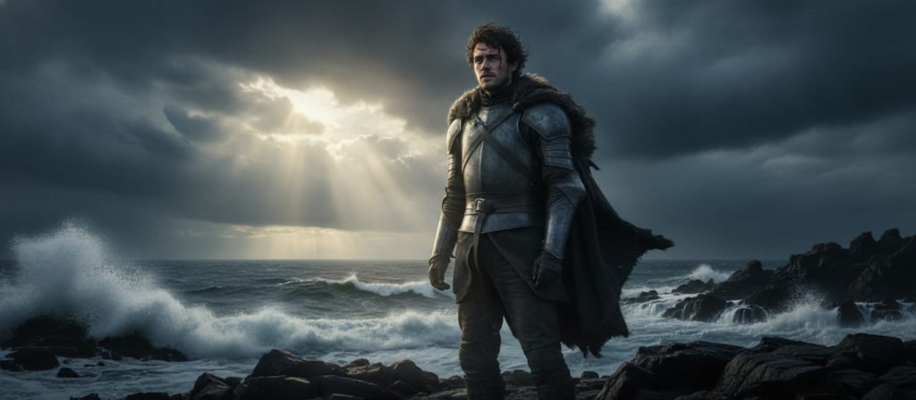 A dramatic depiction of Theon Greyjoy from Game of Thrones, showcasing his poignant journey of redemption. In the foreground, Theon stands resolute, wearing weathered armor and a somber expression, symbolizing his inner turmoil and growth. His tousled dark hair is windswept, capturing a sense of vulnerability. In the middle ground, the rugged terrain of the Iron Islands looms, with stormy waves crashing against rocky cliffs, reflecting the chaos of his past. The background features dark, ominous clouds lit by fleeting beams of sunlight, representing hope amidst despair. The atmosphere is intense, with a cool color palette and a cinematic angle that highlights Theon's determined stance. The scene is infused with emotional depth, inviting viewers to connect with his redemption arc. A dramatic depiction of Theon Greyjoy from Game of Thrones, showcasing his poignant journey of redemption. In the foreground, Theon stands resolute, wearing weathered armor and a somber expression, symbolizing his inner turmoil and growth. His tousled dark hair is windswept, capturing a sense of vulnerability. In the middle ground, the rugged terrain of the Iron Islands looms, with stormy waves crashing against rocky cliffs, reflecting the chaos of his past. The background features dark, ominous clouds lit by fleeting beams of sunlight, representing hope amidst despair. The atmosphere is intense, with a cool color palette and a cinematic angle that highlights Theon's determined stance. The scene is infused with emotional depth, inviting viewers to connect with his redemption arc.Melhores Personagens de Game of Thrones