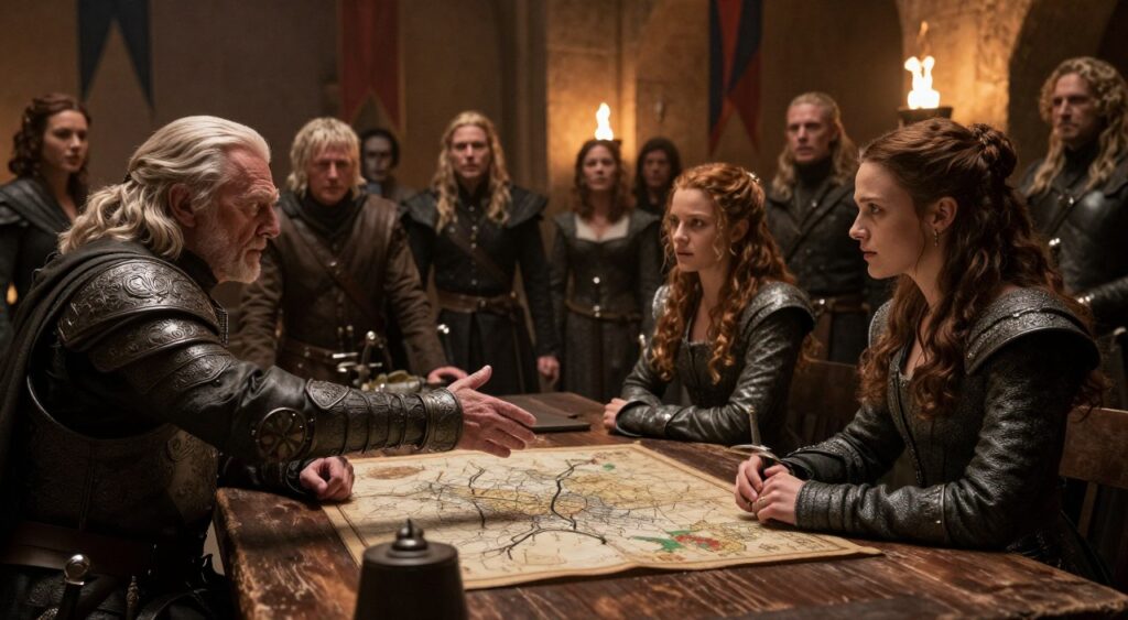 A dramatic scene from "Game of Thrones," focusing on a gathering of iconic characters in a medieval hall. In the foreground, a wise, older character with a deep expression, wearing intricate armor, gestures toward a map laid out on a weathered wooden table. Beside him, a fierce young woman in a noble gown listens intently, her hand resting on a sword. In the middle ground, additional characters, dressed in period-appropriate attire, engage in intense discussions, showcasing diverse expressions reflecting loyalty, tension, and strategy. The background features stone walls adorned with banners and flickering torches, casting warm light that creates a tense yet hopeful atmosphere. The image is shot from a low angle, emphasizing the importance of the characters within the grand setting Vale a Pena Assistir Game of Thrones