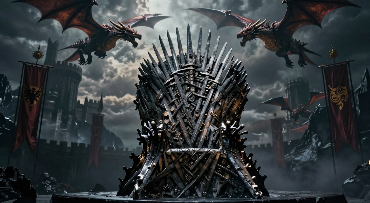 A dramatic scene showcasing the Iron Throne set against the backdrop of the House of the Dragon. In the foreground, the Iron Throne, intricately designed with twisted swords, radiates a sense of power and conflict. Surrounding it are fierce dragons flying overhead, their scales gleaming ominously under a stormy sky. In the middle ground, banners of House Targaryen flutter fiercely in the wind, adding a sense of legacy and allegiance. The background features a dark, brooding castle silhouette, with jagged peaks and ominous clouds, enhancing the mood of impending war. Soft, diffused lighting highlights the throne, casting shadows that emphasize tension and drama. The angle is slightly low to amplify the grandeur of the Iron Throne and the looming threat of dragons, evoking a sense of epic struggle in Westeros.House of the Dragon ou Game of Thrones