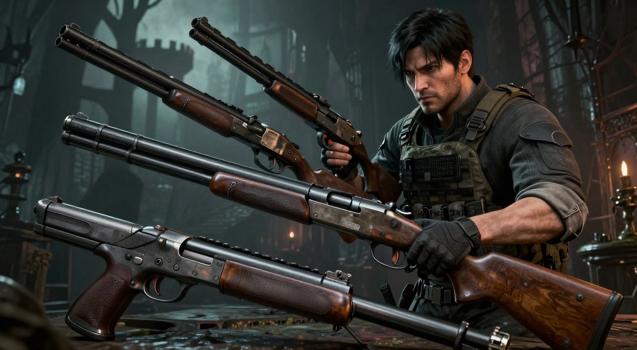 A dynamic and engaging scene showcasing a selection of the best weapons from the Resident Evil 4 Remake. In the foreground, prominently display a variety of iconic weapons like the handgun, shotgun, and rifle, each meticulously detailed with realistic textures and reflections. In the middle ground, include a tactical character in modest combat attire, analyzing the weapons with a focused expression. The background should depict a dimly lit, atmospheric environment reminiscent of a Gothic castle, with shadows casting eerie shapes. Utilize dramatic lighting to create tension, highlighting the weapons and character. The angle should be slightly low, emphasizing the subject’s determination and the weaponry’s importance, conveying a sense of urgency and strategy.