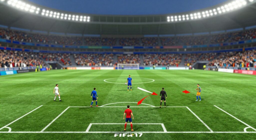 A dynamic and strategic depiction of FIFA 17 formations focused on fast counter-attacking play. In the foreground, visualize a tactical diagram on a green football pitch, showcasing player positions in a vivid and clear 4-3-3 formation. The middle section should include arrows representing swift passing and movement, with player icons in professional football kits and modest casual clothing. The background features a blurred stadium filled with cheering fans under bright floodlights, evoking excitement and energy. Use a wide-angle perspective to capture the intensity of a match atmosphere, with vibrant colors contrasting against the pitch. The mood is enthusiastic and competitive, representing the thrill of fast-paced gameplay. A dynamic and strategic depiction of FIFA 17 formations focused on fast counter-attacking play. In the foreground, visualize a tactical diagram on a green football pitch, showcasing player positions in a vivid and clear 4-3-3 formation. The middle section should include arrows representing swift passing and movement, with player icons in professional football kits and modest casual clothing. The background features a blurred stadium filled with cheering fans under bright floodlights, evoking excitement and energy. Use a wide-angle perspective to capture the intensity of a match atmosphere, with vibrant colors contrasting against the pitch. The mood is enthusiastic and competitive, representing the thrill of fast-paced gameplay.Melhores Formações do FIFA 17