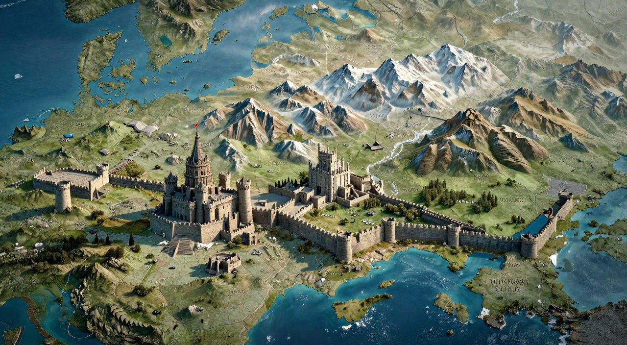 A highly detailed and intricate map of Westeros, capturing the diverse geography of the Seven Kingdoms. In the foreground, showcase iconic locations such as King's Landing with its distinctive Red Keep, Winterfell's sprawling castle, and the Wall stretching across the icy northern tundra. The middle ground features fertile lands like the Reach and the Vale's towering mountains. The oceans surrounding Westeros should shimmer with reflections of a clear blue sky, adding depth to the scene. Use dramatic, soft lighting to create a sense of adventure and mystery, enhancing the historical atmosphere of the map. Focus on a slightly elevated angle to provide a comprehensive overview while maintaining clarity in the delineation of regions. The mood should evoke a sense of exploration and discovery, inviting viewers into the rich lore of this fantastical world.