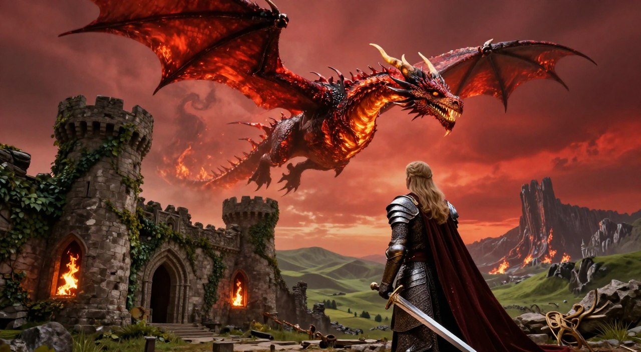 A majestic dragon soaring through a crimson sky, its scales shimmering like molten metal, symbolizing the fiery legacy of House Targaryen. In the foreground, a regal, armored Targaryen knight stands with a broadsword, fiercely gazing into the horizon. The middle ground features the ruins of an ancient Valyrian castle, with ivy creeping up its stone walls, while flames flicker in the darkened windows. The background showcases an expansive landscape of Westeros, with green hills and a distant silhouette of a dragonstone cliff. The atmosphere is intense yet regal, with dynamic lighting emphasizing the dragon's fiery breath, casting dramatic shadows. The lens angle captures the hierarchy of elements, creating a powerful and captivating depiction of Targaryen heritage.Ordem Cronológica de Game of Thrones