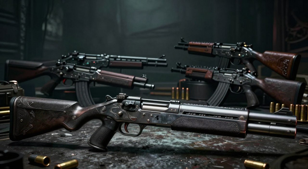 A powerful magnum from Resident Evil 4 Remake, intricately detailed with a sleek design, rests prominently in the foreground. The gun gleams under dramatic, moody lighting that accentuates its metallic finish and intricate engravings. In the middle ground, an array of powerful weapons, including other firearms and ammunition, are strategically positioned to create a sense of urgency and readiness for battle. The background features a shadowy, atmospheric environment reminiscent of the game's eerie settings, with dimly lit textures and ominous silhouettes that convey a sense of lurking danger. The overall mood is tense and exciting, evoking the thrill of boss encounters in the game, captured with a cinematic angle that emphasizes the depth and intensity of the scene. A powerful magnum from Resident Evil 4 Remake, intricately detailed with a sleek design, rests prominently in the foreground. The gun gleams under dramatic, moody lighting that accentuates its metallic finish and intricate engravings. In the middle ground, an array of powerful weapons, including other firearms and ammunition, are strategically positioned to create a sense of urgency and readiness for battle. The background features a shadowy, atmospheric environment reminiscent of the game's eerie settings, with dimly lit textures and ominous silhouettes that convey a sense of lurking danger. The overall mood is tense and exciting, evoking the thrill of boss encounters in the game, captured with a cinematic angle that emphasizes the depth and intensity of the scene.