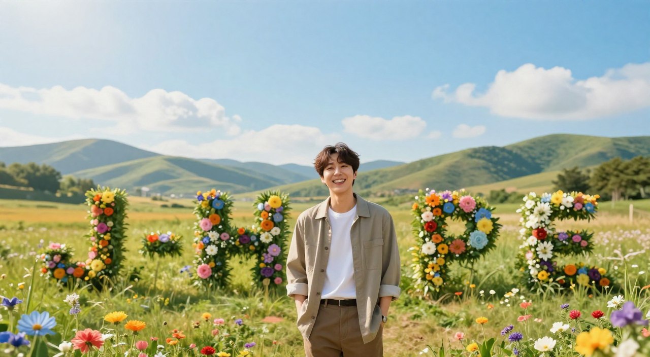 A serene and vibrant landscape representing J-Hope's persona, Jung Hoseok, as a beacon of hope. In the foreground, a cheerful character inspired by J-Hope stands confidently, dressed in stylish yet modest casual clothing, with a bright smile that radiates positivity. The middle ground features colorful flowers and greenery symbolizing growth and hope, subtly arranged to reflect the essence of J-Hope's name. In the background, a picturesque view of rolling hills under a clear blue sky, with soft sunlight filtering through. The overall mood is uplifting and energetic, inviting viewers into a world of optimism and joy. Use bright, warm colors to enhance the atmosphere, and capture the scene with a wide-angle lens to emphasize the expansiveness of hope spreading across the landscape Membros do BTS