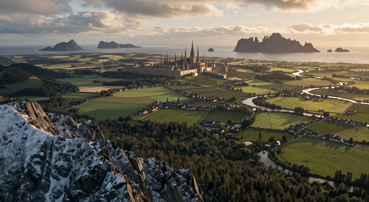 A sweeping aerial view of the vast and diverse landscapes of Westeros, with the rugged Stark North featuring snow-capped mountains and dense forests in the foreground. Transitioning to the lush farmlands of the Riverlands in the middle ground, dotted with quaint villages and flowing rivers. In the background, the towering spires of King's Landing bask in golden sunlight, contrasted by the dark, ominous expanse of the Iron Islands. The scene is bathed in a soft, warm glow, creating a sense of wonder and adventure. The atmosphere feels epic and majestic, invoking the rich lore and depth of the Game of Thrones universe. A low-angle perspective emphasizes the grandeur of Westeros, inviting viewers to explore its expansive realms O Universo de Westeros.