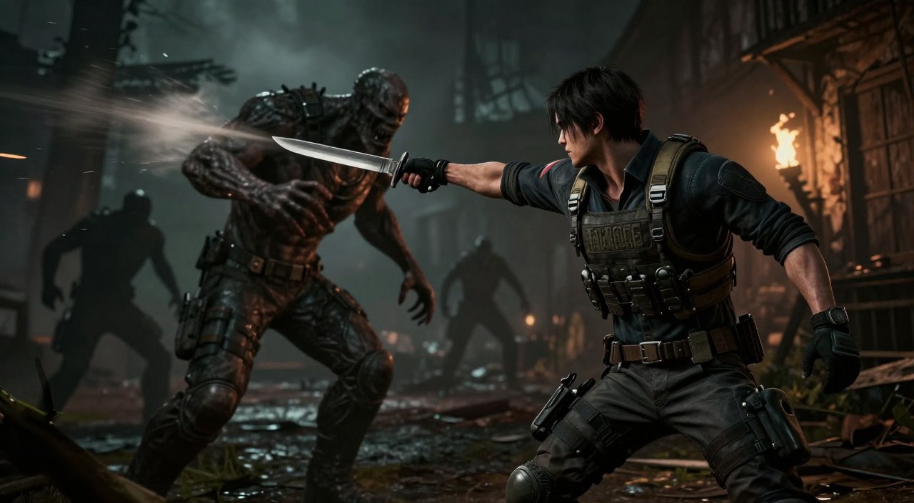 A tense moment from Resident Evil 4 Remake, showcasing a character parrying an aggressive enemy attack. In the foreground, a determined character clad in tactical gear, with a focused expression, braces to deflect a slashing monster's attack with a knife, showcasing expert timing and defensive posture. The middle layer features a dark, ominous environment reminiscent of a dilapidated village, with flickering torchlight casting shadows that enhance the suspense. The background includes blurred silhouettes of other lurking enemies, heightening the sense of danger. The image should have dramatic, low-key lighting, emphasizing the action with sharp contrasts and a slightly shallow depth of field, creating an intense atmosphere ideal for gamers,Guia de Resident Evil 4 Remake