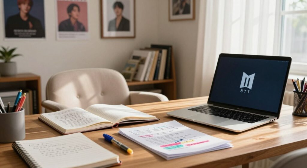 A tranquil and inviting workspace dedicated to interpreting BTS song lyrics. In the foreground, a wooden desk is covered with neatly arranged notebooks, colored pens, and printed sheets of lyrics featuring vivid annotations. To the side, a modern laptop displays BTS's official logo on the screen. In the middle ground, a soft, plush chair sits comfortably inviting the viewer. A cheerful, well-lit ambiance fills the room, with warm sunlight filtering through sheer curtains, casting playful shadows. The background is adorned with posters of BTS, framed art, and a bookshelf filled with musical theory books, creating an inspiring and creative atmosphere. The overall mood is engaging and reflective, illustrating the deep connection fans have with the music. A tranquil and inviting workspace dedicated to interpreting BTS song lyrics. In the foreground, a wooden desk is covered with neatly arranged notebooks, colored pens, and printed sheets of lyrics featuring vivid annotations. To the side, a modern laptop displays BTS's official logo on the screen. In the middle ground, a soft, plush chair sits comfortably inviting the viewer. A cheerful, well-lit ambiance fills the room, with warm sunlight filtering through sheer curtains, casting playful shadows. The background is adorned with posters of BTS, framed art, and a bookshelf filled with musical theory books, creating an inspiring and creative atmosphere. The overall mood is engaging and reflective, illustrating the deep connection fans have with the music.Significado das músicas do BTS