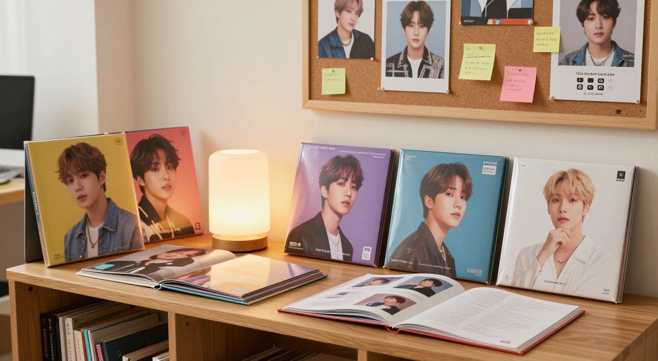 A vibrant and inviting collection of BTS albums displayed in an organized manner on a stylish, modern wooden shelf. In the foreground, several album covers featuring colorful artwork of the BTS members are prominently showcased, some opened to reveal their inner pages filled with photos and fan messages. The middle ground features a gently glowing lamp casting warm light over the albums, enhancing their colors and details. In the background, a cozy workspace is visible with a bulletin board pinned with fan art, post-it notes, and social media icons indicating a sense of community. The overall mood is friendly and inspiring, inviting viewers to share tips and experiences in collecting. Utilize soft focus for the background to emphasize the albums, with a slight angle to create depth in the image.