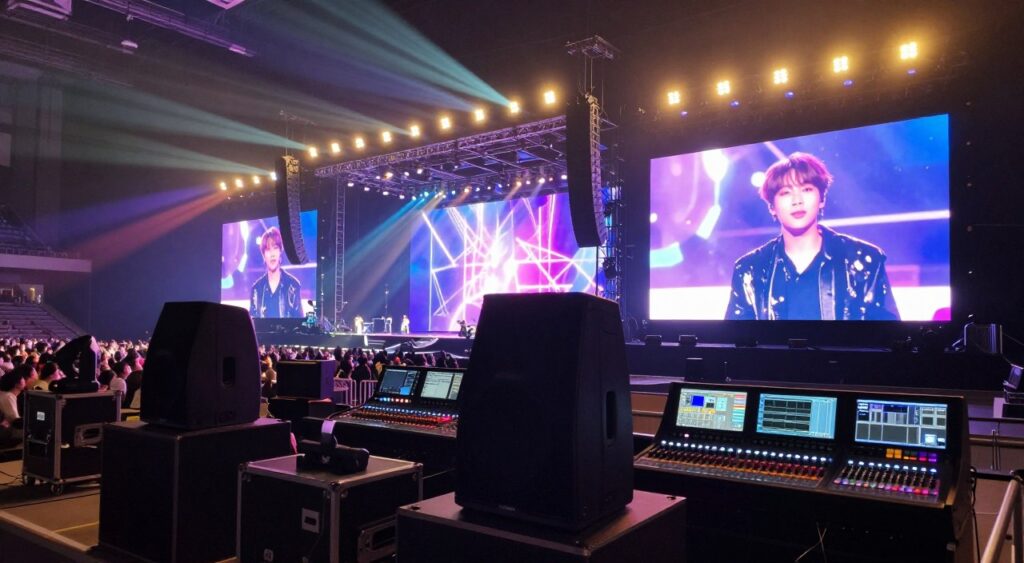 A vibrant concert scene showcasing advanced sound and projection technology used in a BTS performance. The foreground features an array of high-tech sound equipment, including large speakers and mixing consoles. In the middle ground, elaborate LED screens display stunning visuals synchronized with music, creating an immersive atmosphere. The background includes a dynamic stage setup, illuminated with colorful lights casting dramatic shadows, enhancing the energy of the concert. The scene is shot from a slightly elevated angle, capturing the full scope of the equipment and audience. The mood is electric and exhilarating, filled with anticipation and excitement, reflecting the magic and innovation of BTS shows.Tecnologia nos shows do BTS