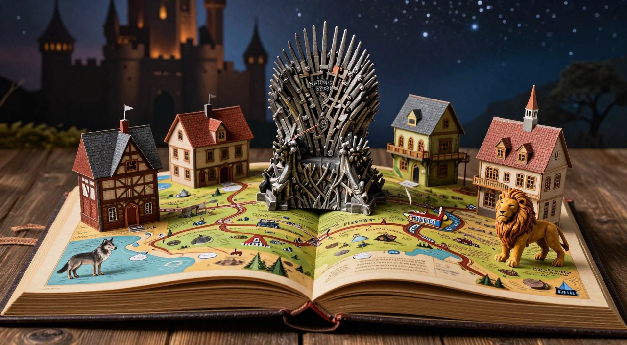 A vibrant pop-up guide to Westeros, showcasing key locations like the Iron Throne, Winterfell, and King's Landing, intricately designed with detailed textures and colors. In the foreground, an open pop-up book with three-dimensional illustrations is prominently displayed, inviting the viewer to explore. The middle ground features charmingly crafted elements like houses from different regions, such as the Stark direwolf and the Lannister lion, creating a sense of engagement. In the background, a dimly lit castle silhouette with a starry sky adds a mystical atmosphere, with soft, warm lighting casting gentle shadows. The mood is adventurous and whimsical, encouraging exploration and learning within the rich lore of Westeros. Use a slightly tilted bird's-eye view for a dynamic perspective.