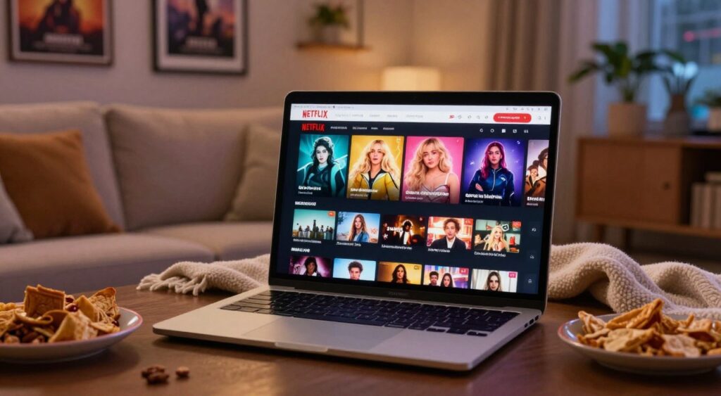 A vibrant scene depicting a visually appealing Netflix interface, showcasing a variety of thumbnails representing films and series available in the US catalog. In the foreground, a sleek, modern laptop sits open with the Netflix homepage displayed prominently, featuring colorful posters of Sabrina Carpenter's movies and series, surrounded by snacks and a cozy blanket. In the middle ground, a soft couch is partially visible, with warm lighting creating an inviting atmosphere. The background features a subtle, softly blurred living room setting with framed movie posters and plants. The image captures a cozy, relaxed vibe, emphasizing a home-viewing experience perfect for binge-watching. The lighting is warm and inviting, simulating a late evening ambiance Sabrina Carpenter na Netflix