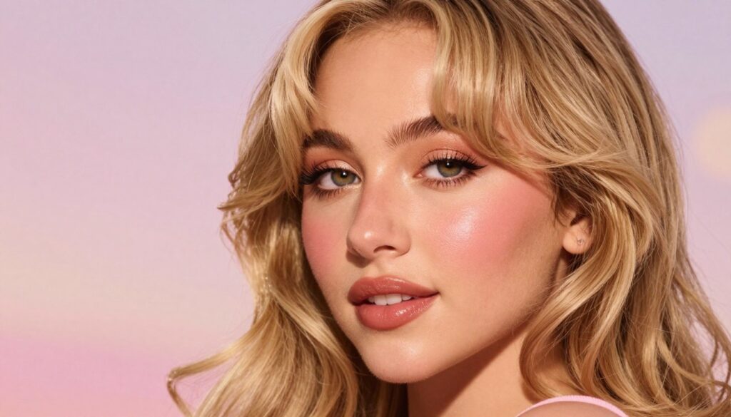 A young woman embodying Sabrina Carpenter's makeup style, featuring soft, dewy skin, expertly blended warm tones on the eyes, and a subtle shimmer on the eyelids. She has a natural-looking blush on her cheeks and a glossy nude lip. The foreground captures her face in a three-quarters angle, illuminated by soft, golden hour lighting that accentuates her features. Her hair is styled in loose waves, cascading over one shoulder. The background is a softly blurred pastel-colored setting, evoking a dreamy and youthful atmosphere. The overall mood conveys confidence and creativity, inviting viewers to embrace a stylish, modern take on makeup inspired by Estilo de Sabrina Carpenter