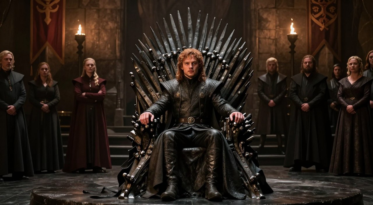 In a dimly lit throne room of Winterfell, we see Bran Stark, dressed in regal robes, seated confidently on a grand, ancient iron throne, symbolizing his rule over the Six Kingdoms. His expression is composed yet enigmatic, reflecting his deep knowledge and the weight of his decisions. Surrounding him are loyal supporters, like Sansa Stark, who stands with crossed arms, looking pensive and skeptical. Behind them, the stone walls are adorned with banners representing the noble houses, softly illuminated by flickering torchlight, creating a tense atmosphere filled with uncertainty and intrigue. A high-angle shot captures the scene, enhancing the drama of Bran's coronation moment, while shadows play around, hinting at the mixed emotions of those present.