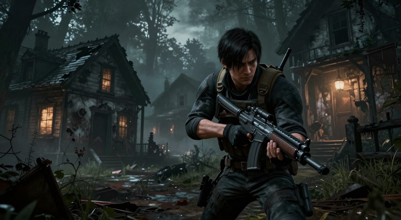 A cinematic scene inspired by the "Resident Evil 4 Remake," showcasing a tense moment in a dark, atmospheric village. In the foreground, a strategic character clad in tactical gear prepares for action, intensely focused with weapons ready. Their expression reflects determination as they navigate through the chaos. In the middle ground, eerie, crumbling houses loom ominously, illuminated by flickering, low lighting that creates haunting shadows. The background reveals a misty forest, adding depth and mystery with hints of movement, suggesting lurking dangers. The mood is tense and suspenseful, captured from a low angle to dramatize the character's resolve against a backdrop of suspenseful lighting and intricate details, evoking the essence of survival horror gameplay. A cinematic scene inspired by the "Resident Evil 4 Remake," showcasing a tense moment in a dark, atmospheric village. In the foreground, a strategic character clad in tactical gear prepares for action, intensely focused with weapons ready. Their expression reflects determination as they navigate through the chaos. In the middle ground, eerie, crumbling houses loom ominously, illuminated by flickering, low lighting that creates haunting shadows. The background reveals a misty forest, adding depth and mystery with hints of movement, suggesting lurking dangers. The mood is tense and suspenseful, captured from a low angle to dramatize the character's resolve against a backdrop of suspenseful lighting and intricate details, evoking the essence of survival horror gameplay.resident evil 4 remake rank s+