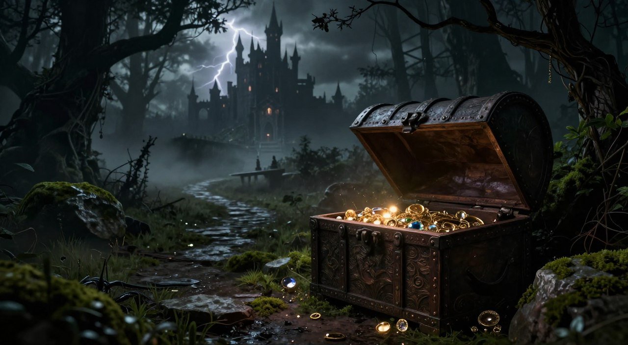 A detailed illustration of a dimly lit treasure chest nestled within the haunting environment of Resident Evil 4 Remake, surrounded by a mix of moss-covered stones and eerie shadows. In the foreground, the ornate chest is partially open, revealing glimmers of gold and precious gems, hinting at lost treasures. In the middle ground, a fog-laden path winds through twisted trees, enhancing the mysterious atmosphere. The background features a darkened castle silhouette against a stormy sky, with flashes of lightning casting dynamic light across the scene. Capture the mood of suspense and adventure, emphasizing the thrill of potentially lost treasures, using cinematic lighting and a slightly elevated camera angle to create depth and intrigue in the composition. The overall feeling should evoke an immersive sense of exploration and danger, typical of a classic survival horror setting. A detailed illustration of a dimly lit treasure chest nestled within the haunting environment of Resident Evil 4 Remake, surrounded by a mix of moss-covered stones and eerie shadows. In the foreground, the ornate chest is partially open, revealing glimmers of gold and precious gems, hinting at lost treasures. In the middle ground, a fog-laden path winds through twisted trees, enhancing the mysterious atmosphere. The background features a darkened castle silhouette against a stormy sky, with flashes of lightning casting dynamic light across the scene. Capture the mood of suspense and adventure, emphasizing the thrill of potentially lost treasures, using cinematic lighting and a slightly elevated camera angle to create depth and intrigue in the composition. The overall feeling should evoke an immersive sense of exploration and danger, typical of a classic survival horror setting.