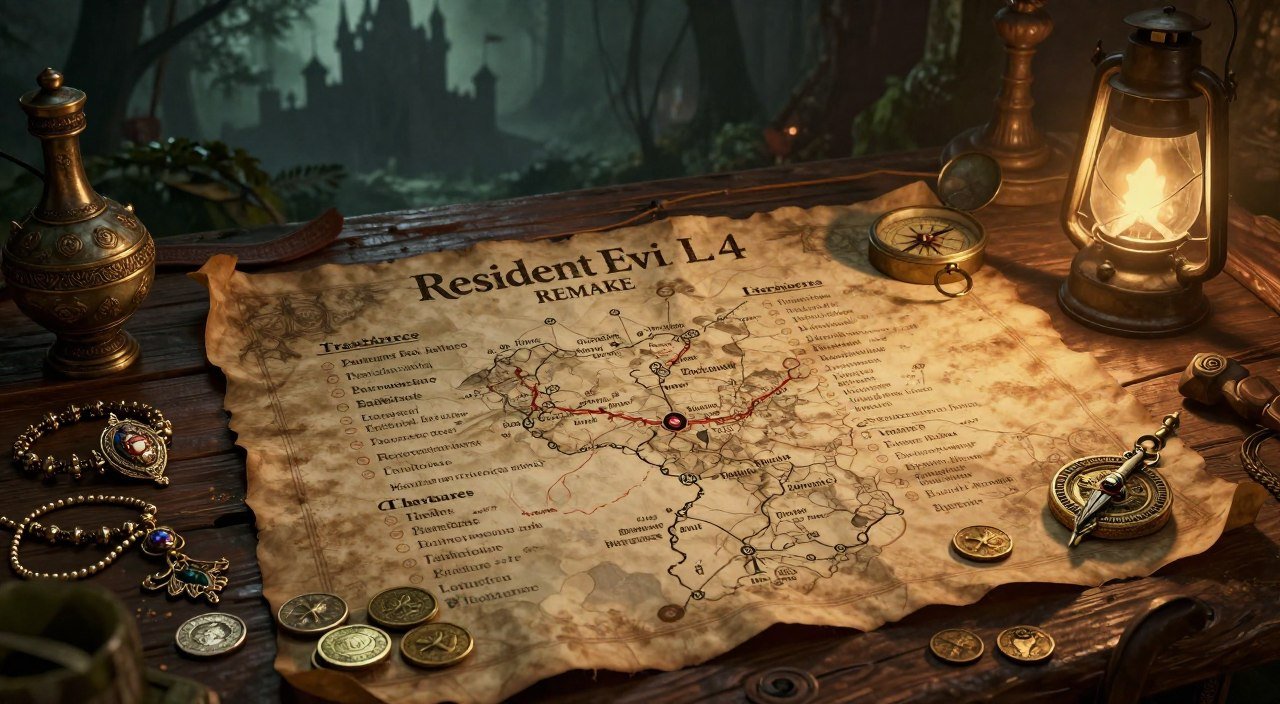 A detailed illustration of a treasure map inspired by "Resident Evil 4 Remake", prominently featuring a list of treasures organized by chapter. In the foreground, array various treasurable items like ornate jewelry, antique coins, and mysterious artifacts, each uniquely designed with intricate details. The middle ground showcases a rustic wooden table with an aged parchment and a vintage compass beside a flickering lantern casting warm light. In the background, hint at a shadowy castle silhouette and eerie forest landscapes to evoke a sense of mystery and adventure. The lighting is moody and atmospheric, with soft shadows enhancing the depth. The overall mood is adventurous and slightly ominous, capturing the essence of exploring a haunted environment for hidden treasure. A detailed illustration of a treasure map inspired by "Resident Evil 4 Remake", prominently featuring a list of treasures organized by chapter. In the foreground, array various treasurable items like ornate jewelry, antique coins, and mysterious artifacts, each uniquely designed with intricate details. The middle ground showcases a rustic wooden table with an aged parchment and a vintage compass beside a flickering lantern casting warm light. In the background, hint at a shadowy castle silhouette and eerie forest landscapes to evoke a sense of mystery and adventure. The lighting is moody and atmospheric, with soft shadows enhancing the depth. The overall mood is adventurous and slightly ominous, capturing the essence of exploring a haunted environment for hidden treasure.