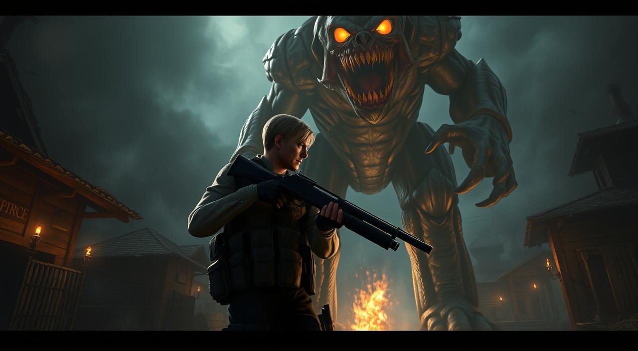 Cena de batalha em Resident Evil 4 Remake: Leon S. Kennedy com espingarda enfrenta o monstro chefe El Gigante no 'MERCADO' da vila. A arte fotorrealista ilustra as estratégias para sobreviver aos chefes.