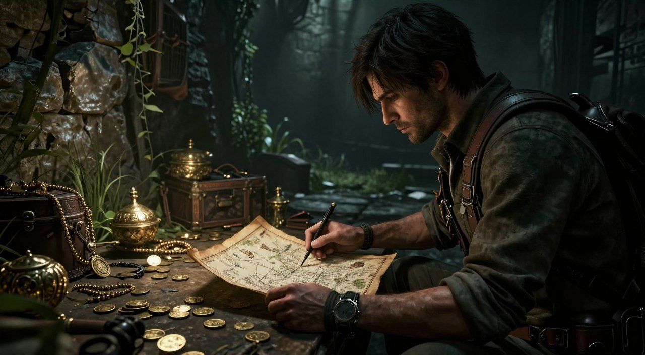 A detailed scene showcasing a treasure hunter exploring a dark, atmospheric environment inspired by Resident Evil 4 Remake. In the foreground, a determined figure dressed in rugged survival gear studies an ancient map, highlighting hidden treasure locations. In the middle, scattered treasures glint in the faint light – gold coins, ornate jewelry, and mysterious artifacts, hinting at their value. The background features crumbling stone walls and overgrown vegetation, creating a sense of abandonment and mystery. Soft, eerie lighting casts long shadows, enhancing the feeling of suspense and adventure. The camera angle is slightly low, emphasizing the hunter's focus and determination while capturing the treasure-laden surroundings. The overall mood is tense yet exhilarating, perfect for an exploration theme. A detailed scene showcasing a treasure hunter exploring a dark, atmospheric environment inspired by Resident Evil 4 Remake. In the foreground, a determined figure dressed in rugged survival gear studies an ancient map, highlighting hidden treasure locations. In the middle, scattered treasures glint in the faint light – gold coins, ornate jewelry, and mysterious artifacts, hinting at their value. The background features crumbling stone walls and overgrown vegetation, creating a sense of abandonment and mystery. Soft, eerie lighting casts long shadows, enhancing the feeling of suspense and adventure. The camera angle is slightly low, emphasizing the hunter's focus and determination while capturing the treasure-laden surroundings. The overall mood is tense yet exhilarating, perfect for an exploration theme.