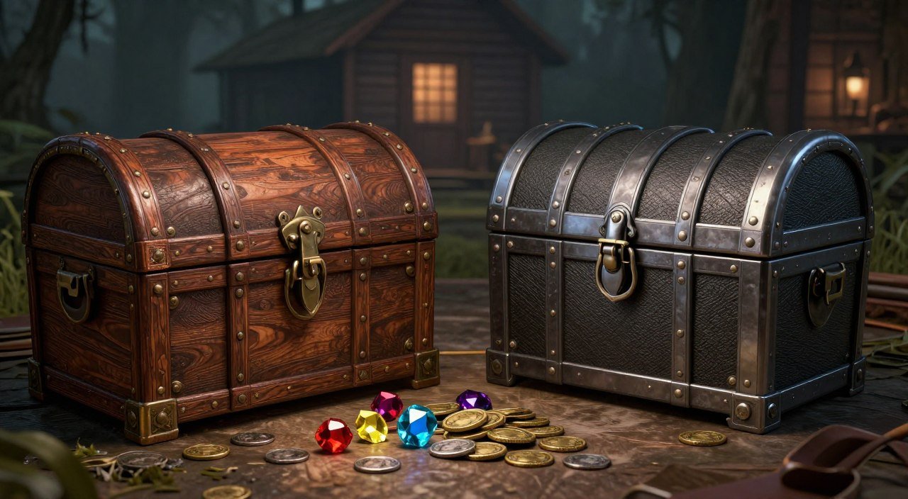A detailed side-by-side comparison of the treasures from Resident Evil 4 and the remake, capturing the essence of both versions. In the foreground, display a classic treasure chest from the original game on the left, with intricate wooden designs and nostalgic colors. On the right, depict a more modern, sleek treasure container from the remake, showcasing enhanced graphics and textures. In the middle ground, arrange various collectible items like gemstones and coins, with vibrant colors set against a rustic backdrop reminiscent of the game's environment. Soft, ambient lighting highlights the treasures while creating a suspenseful atmosphere, with a blurred, dimly lit cabin faintly visible in the background, suggesting a sense of exploration and mystery. The angle should be slightly tilted to create a dynamic perspective. A detailed side-by-side comparison of the treasures from Resident Evil 4 and the remake, capturing the essence of both versions. In the foreground, display a classic treasure chest from the original game on the left, with intricate wooden designs and nostalgic colors. On the right, depict a more modern, sleek treasure container from the remake, showcasing enhanced graphics and textures. In the middle ground, arrange various collectible items like gemstones and coins, with vibrant colors set against a rustic backdrop reminiscent of the game's environment. Soft, ambient lighting highlights the treasures while creating a suspenseful atmosphere, with a blurred, dimly lit cabin faintly visible in the background, suggesting a sense of exploration and mystery. The angle should be slightly tilted to create a dynamic perspective.