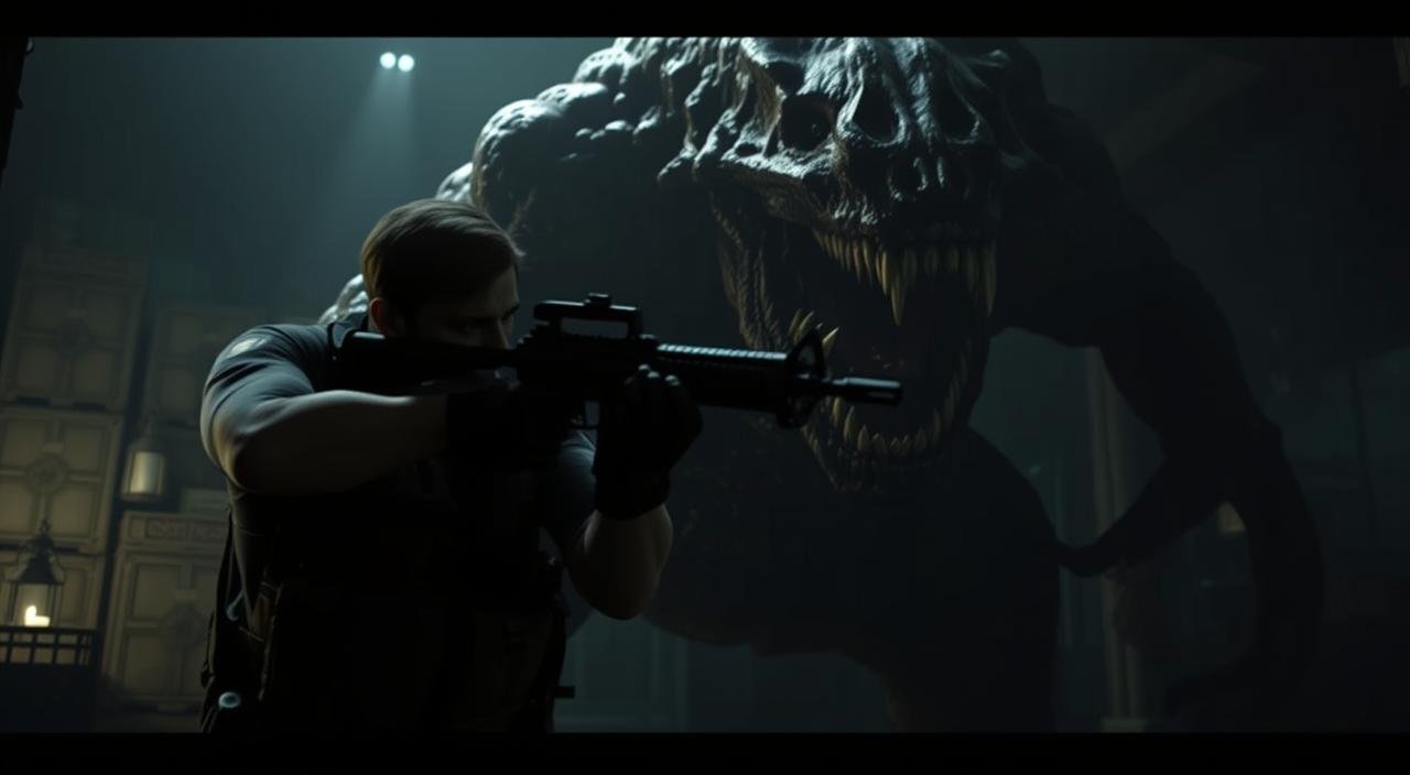 Cena de extrema tensão em Resident Evil 4 Remake mostrando Leon S. Kennedy mirando um rifle de assalto, com um monstro gigante e ameaçador prestes a atacá-lo pelas costas. A arte fotorrealista ilustra o combate estratégico para o guia completo de como passar dos chefes.