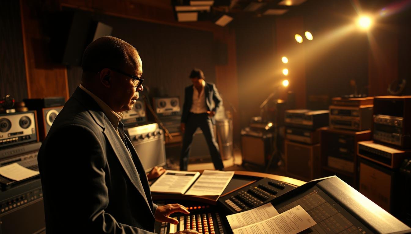 A dynamic scene capturing the essence of Quincy Jones overseeing the production of Michael Jackson's iconic album "Thriller." In the foreground, Quincy Jones stands confidently in a stylish black suit, focused on a vintage recording console surrounded by sheets of music. In the middle ground, a shadowy figure of Michael Jackson is seen rehearsing a dance move, dressed in an elegant 80s style outfit that reflects his innovative spirit. The background features a dimly lit recording studio filled with musical instruments and reel-to-reel tape machines, illuminated by warm cinematic lighting. The atmosphere is tense and creative, evoking the revolutionary spirit of the 80s music scene, with slight lens flare enhancing the vivid details. 8k DSLR, extreme photorealism, dramatic angles. Homem de óculos escuros e terno preto em perfil, posicionado à frente de uma grande mesa de mixagem de som em um estúdio de gravação. Ele lê documentos sobre o equipamento. Ao fundo, sob a luz de holofotes amarelos, vê-se a silhueta de outro homem de terno. A cena de produção musical ilustra o artigo Como o Clipe de Thriller de Michael Jackson Revolucionou o Cinema e a TV.