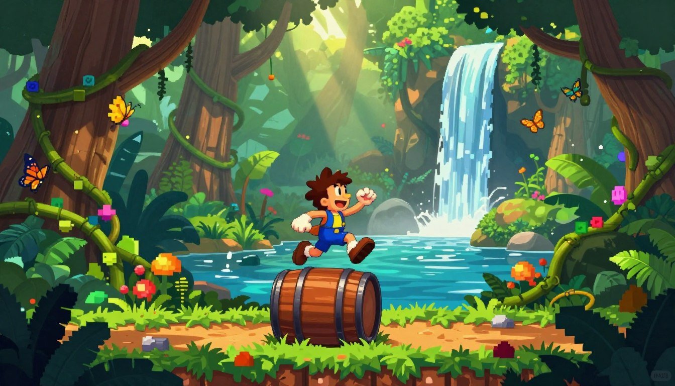 Personagem humano em estilo pixel art saltando sobre um barril de madeira em uma floresta tropical vibrante com cachoeira e borboletas ao fundo. A cena clássica de jogo de plataforma 2D ilustra o artigo Por Que Donkey Kong Country do SNES Ainda É Perfeito?, destacando a era de ouro de Donkey Kong Country Super Nintendo.