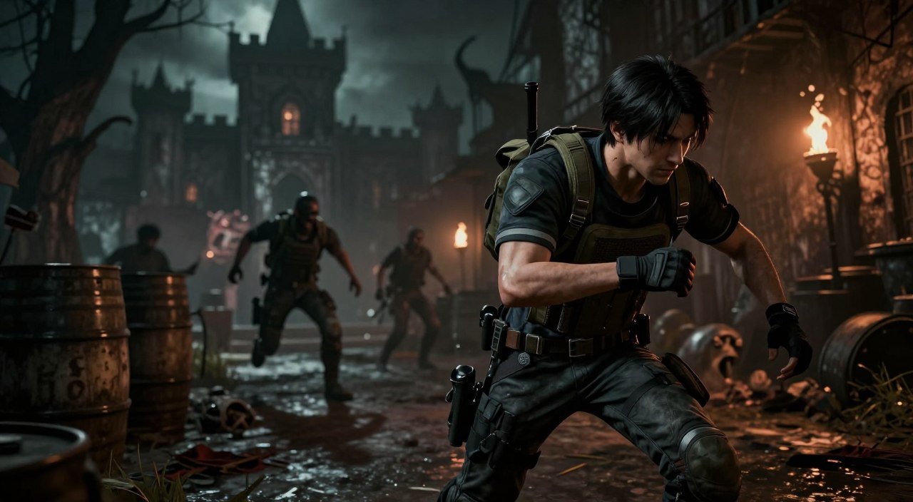A dynamic scene highlighting a skilled player achieving an S+ rank in Resident Evil 4 Remake, emphasizing advanced speedrun techniques. In the foreground, a focused character, dressed in tactical gamer attire, intensely navigates through a dark, eerie environment filled with iconic elements from the game, such as the ominous castle or creepy village setting. The middle ground features in-game obstacles like barrels and enemies, creatively captured in mid-action. The background is blurred but still recognizable, showcasing the atmospheric details of the game world, like flickering torches and shadowy figures. The lighting is high contrast, focused on the character, casting dramatic shadows and creating a tense, immersive mood, while a shallow depth of field emphasizes the urgency of the gameplay moment. A dynamic scene highlighting a skilled player achieving an S+ rank in Resident Evil 4 Remake, emphasizing advanced speedrun techniques. In the foreground, a focused character, dressed in tactical gamer attire, intensely navigates through a dark, eerie environment filled with iconic elements from the game, such as the ominous castle or creepy village setting. The middle ground features in-game obstacles like barrels and enemies, creatively captured in mid-action. The background is blurred but still recognizable, showcasing the atmospheric details of the game world, like flickering torches and shadowy figures. The lighting is high contrast, focused on the character, casting dramatic shadows and creating a tense, immersive mood, while a shallow depth of field emphasizes the urgency of the gameplay moment.resident evil 4 remake rank s+
