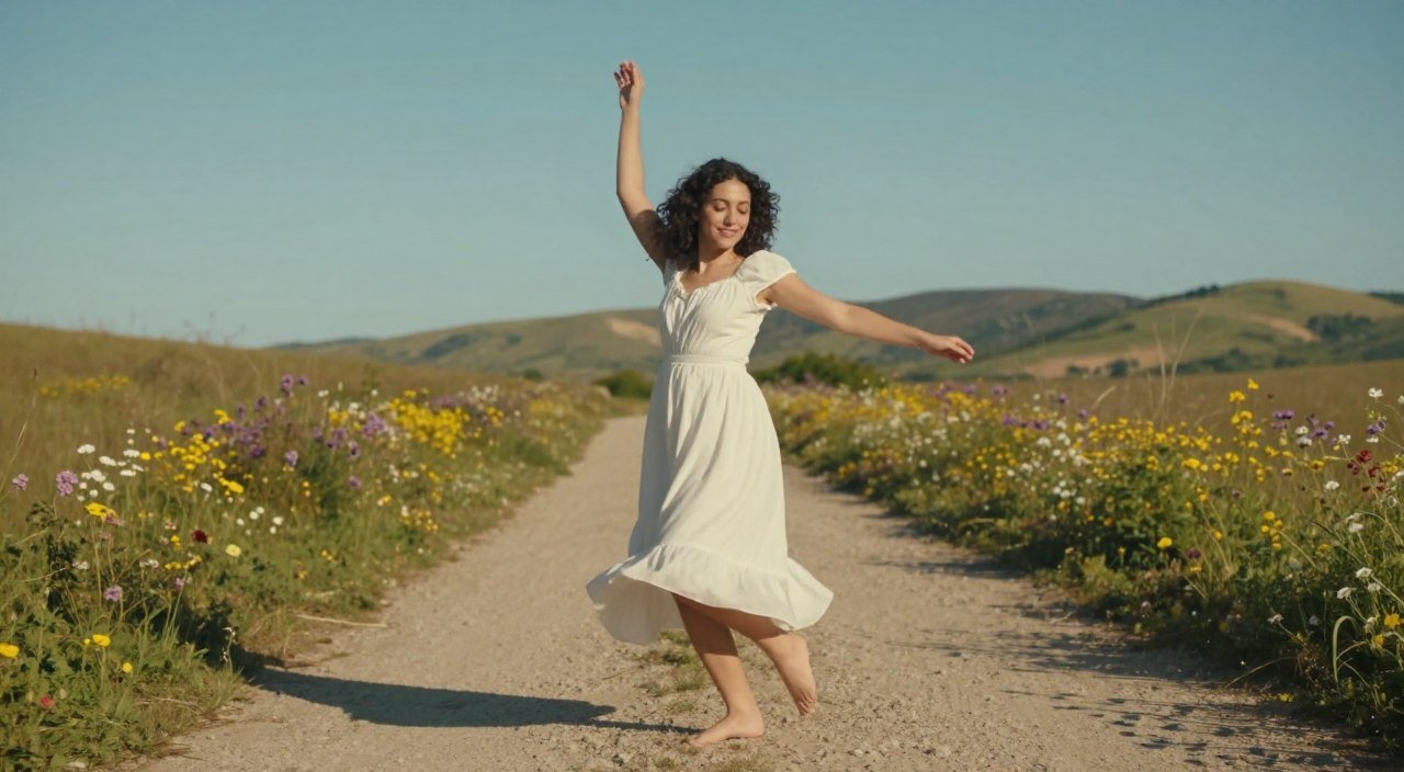 A serene outdoor scene featuring a young woman with dark curly hair, dressed in a flowing white dress, dancing joyfully barefoot on a sunlit path surrounded by vibrant nature. In the foreground, she smiles with a carefree expression, capturing the essence of freedom and youth. In the middle ground, colorful wildflowers and soft grass create a lively atmosphere, while the background includes gentle hills and a clear blue sky, emphasizing a sense of open space and possibility. The lighting is warm and natural, casting soft shadows that enhance the mood of nostalgia and celebration. Use a wide-angle lens to capture the full depth of the environment and the feeling of liberation that “Pies Descalzos” embodies. The overall tone should evoke warmth, hope, and the transformative power of music. A serene outdoor scene featuring a young woman with dark curly hair, dressed in a flowing white dress, dancing joyfully barefoot on a sunlit path surrounded by vibrant nature. In the foreground, she smiles with a carefree expression, capturing the essence of freedom and youth. In the middle ground, colorful wildflowers and soft grass create a lively atmosphere, while the background includes gentle hills and a clear blue sky, emphasizing a sense of open space and possibility. The lighting is warm and natural, casting soft shadows that enhance the mood of nostalgia and celebration. Use a wide-angle lens to capture the full depth of the environment and the feeling of liberation that “Pies Descalzos” embodies. The overall tone should evoke warmth, hope, and the transformative power of music.