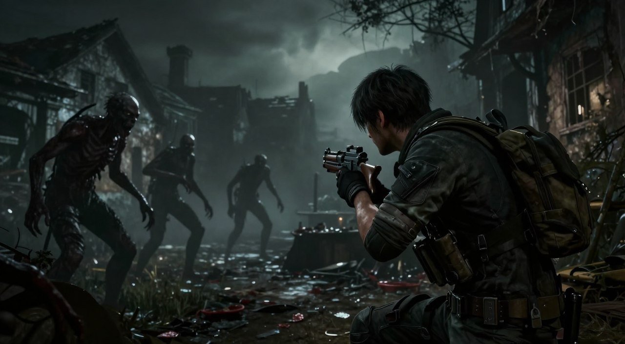 A tense moment from "Resident Evil 4 Remake," focusing on a survivor character in a dark, eerie environment. In the foreground, the character, dressed in tactical gear, shows determination and urgency, clutching a weapon while scanning the shadowy surroundings. The middle ground reveals menacing, mutated creatures lurking in the dim light, adding to the sense of danger. The background features a dilapidated village with crumbling buildings and ominous fog rolling in, conveying an atmosphere of suspense. The lighting is low and dramatic, emphasizing shadows and highlights that enhance the overall mood of fear and tension. The perspective is slightly tilted, suggesting instability and imminent threats, drawing viewers into the scene as they consider the critical errors that could hinder achieving a high rank. A tense moment from "Resident Evil 4 Remake," focusing on a survivor character in a dark, eerie environment. In the foreground, the character, dressed in tactical gear, shows determination and urgency, clutching a weapon while scanning the shadowy surroundings. The middle ground reveals menacing, mutated creatures lurking in the dim light, adding to the sense of danger. The background features a dilapidated village with crumbling buildings and ominous fog rolling in, conveying an atmosphere of suspense. The lighting is low and dramatic, emphasizing shadows and highlights that enhance the overall mood of fear and tension. The perspective is slightly tilted, suggesting instability and imminent threats, drawing viewers into the scene as they consider the critical errors that could hinder achieving a high resident evil 4 remake rank s+