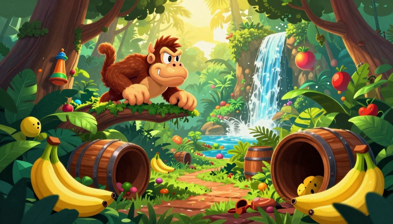 A vibrant and dynamic illustration depicting essential hidden phases and secrets from the Donkey Kong Country game. In the foreground, a lush jungle scene reveals a colorful variety of rare bananas and hidden barrel entrances, beckoning players to explore further. The middle ground showcases the iconic Donkey Kong character peering curiously into a treetop, hinting at hidden pathways. In the background, a distant waterfall glimmers under golden sunlight, creating a bright atmosphere filled with adventure. The scene is enriched with rich, saturated colors and dramatic contrasts, evoking a sense of mystery and excitement. Soft, diffused lighting enhances the playful mood, while a slightly elevated angle captures the depth of the jungle environment. Donkey Kong explorando a copa das árvores em uma selva com bananas e barris escondidos, ilustrando a busca por atalhos e fases secretas em Donkey Kong Country.
