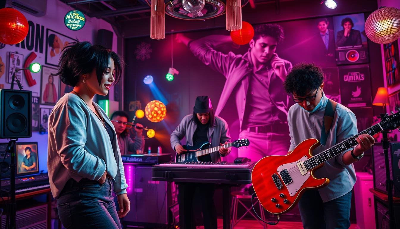 A vibrant and dynamic scene depicting a diverse group of contemporary artists in a creative studio, inspired by the legendary influence of the King of Pop, Michael Jackson. In the foreground, a female singer with a modern hairstyle passionately performs, wearing stylish attire. Nearby, a male guitarist enthusiastically plays a riff, adorned in casual yet fashionable clothing. In the middle ground, a DJ mixes tracks, surrounded by colorful lights and artistic decorations that represent various genres influenced by Jackson. The background features a large mural of Michael Jackson, capturing his iconic poses and energy. The lighting is dramatic and cinematic, evoking a sense of inspiration and creativity. The atmosphere is electric, reflecting the impact of Jackson's legacy on these artists. Shot in 8k DSLR quality for extreme photorealism. Estúdio criativo iluminado por luzes neon roxas e avermelhadas. Em primeiro plano, uma jovem mulher de perfil e um rapaz tocando uma guitarra elétrica vermelha. No meio do estúdio, outros músicos operam teclados e instrumentos de corda, posicionados em frente a um grande mural na parede que exibe a fotografia de um homem em pose de dança. A cena de produção musical ilustra o artigo O Legado de Michael Jackson: O Guia Definitivo do Rei do Pop.