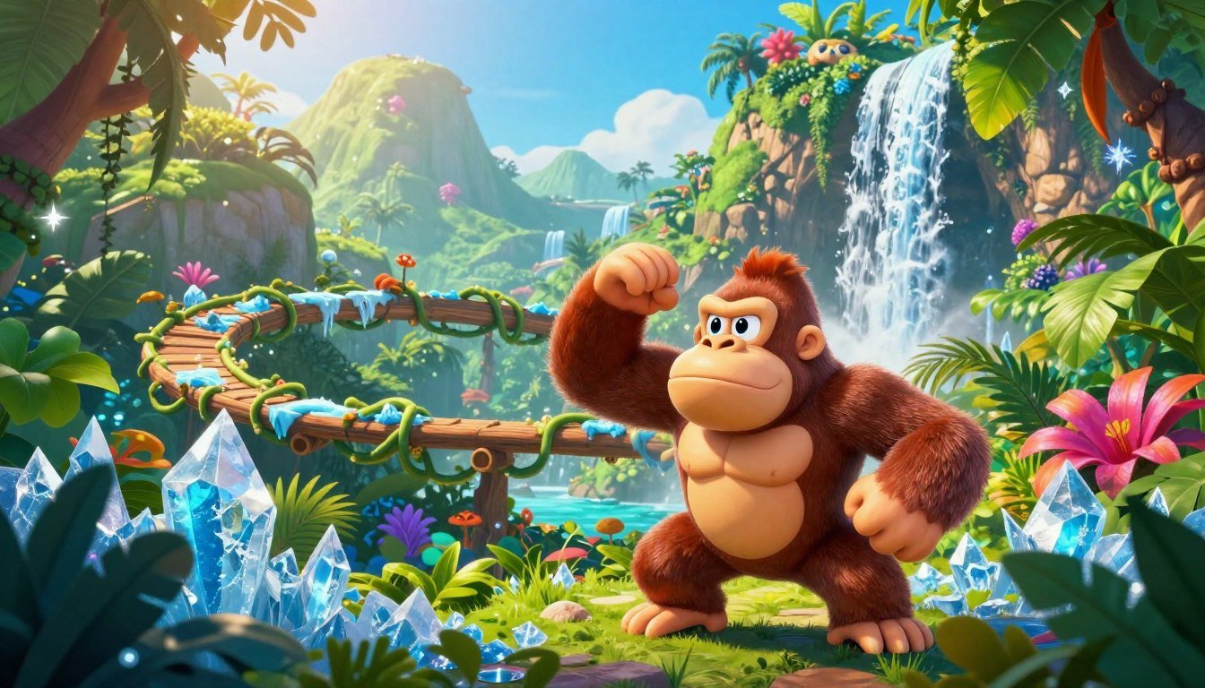 Gorila marrom 3D com um braço erguido, cercado por vegetação tropical e grandes cristais de gelo azul em primeiro plano. Ao centro, uma passarela circular de madeira suspensa por cipós com leves toques de neve. Ao fundo, uma cachoeira iluminada pelo sol desce por montanhas verdes sob céu azul. A ilustração digital ilustra o artigo Donkey Kong Tropical Freeze Vale a Pena no Switch?