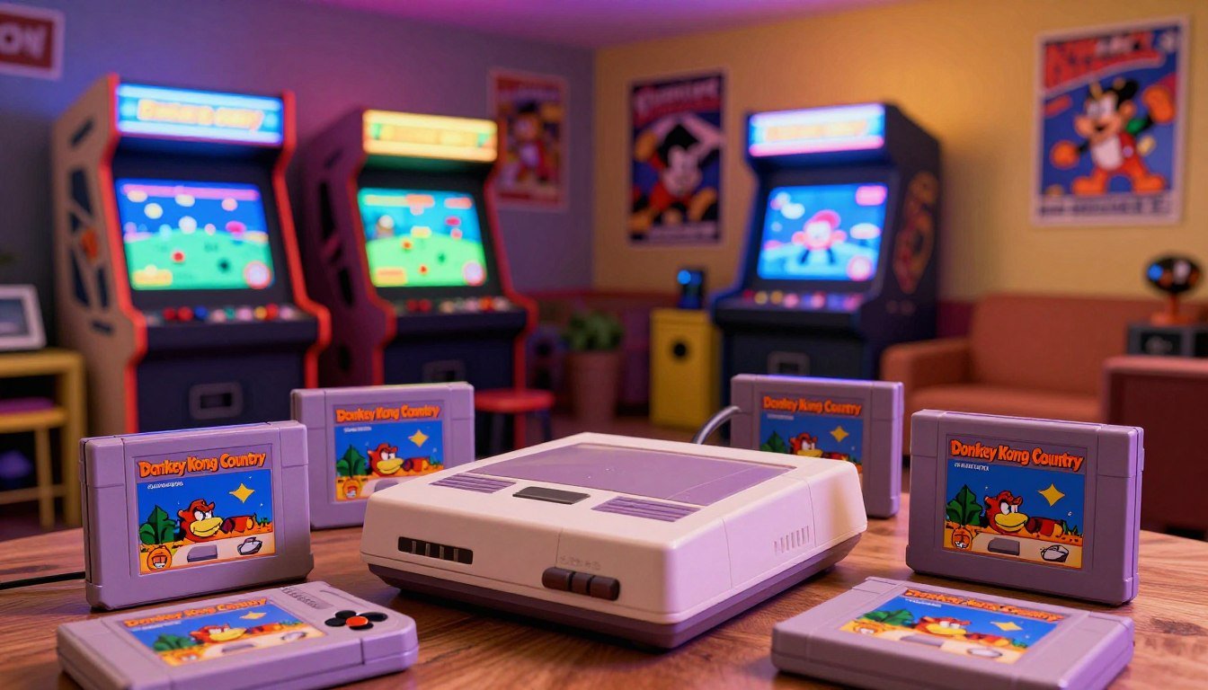 Console clássico estilo Super Nintendo sobre uma mesa de madeira, cercado por vários cartuchos de Donkey Kong Country. Ao fundo, um ambiente retrô com máquinas de fliperama coloridas e iluminação neon. A cena nostálgica ilustra o artigo Por Que Donkey Kong Country do SNES Ainda É Perfeito?, celebrando a era de ouro de Donkey Kong Country Super Nintendo.